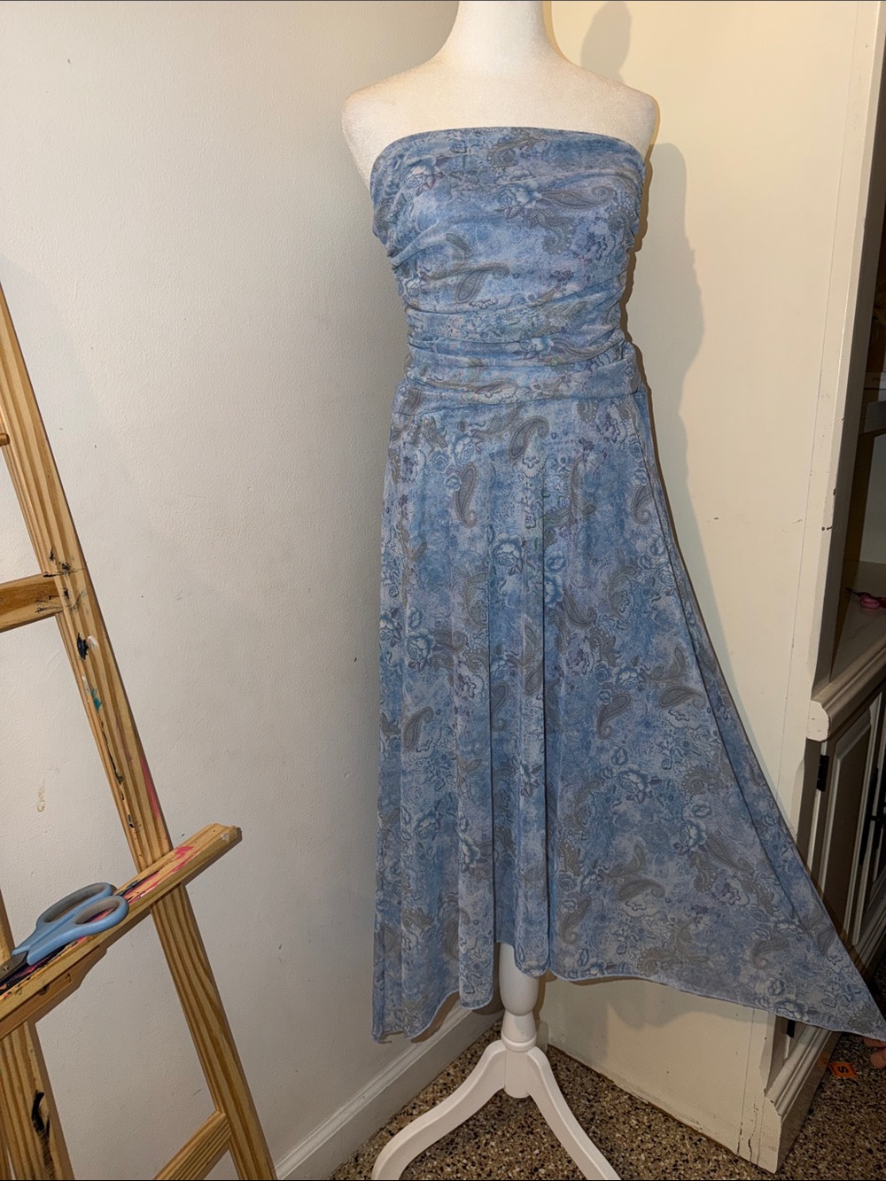 See You Monday Strapless Paisley Midi Dress in Light Blue